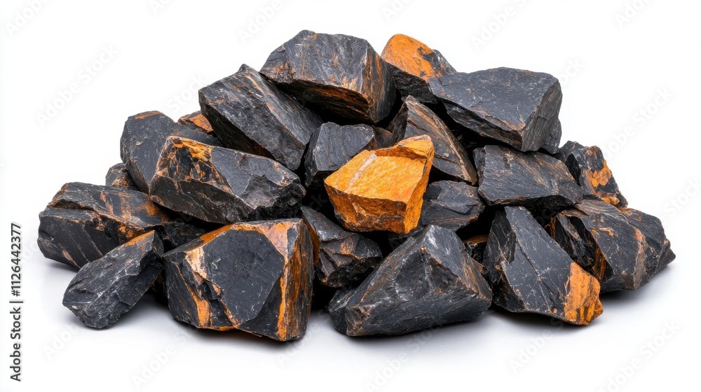A photostock of rugged black asphalt chunks spread naturally on a seamless white background, perfect for industrial and construction visuals. High Quality A photostock of rugged black asphalt chunks spread naturally on a seamless white background, perfect for industrial and construction visuals. High Quality
