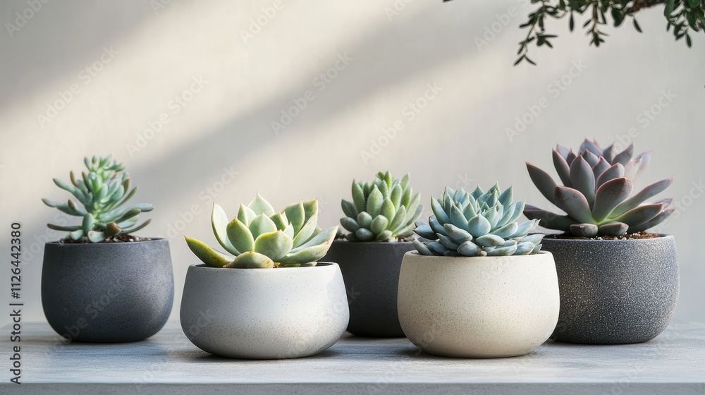 Groups of houseplants on a concrete table featuring Echeveria and Pachyveria opalina succulents in modern pots. Groups of houseplants on a concrete table featuring Echeveria and Pachyveria opalina succulents in modern pots.