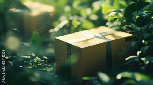 Eco-friendly parcel hidden among lush greenery symbolizing sustainable delivery and nature-conscious shipping solutions photo