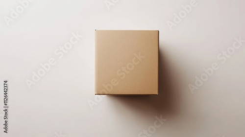 Closed brown cardboard box on a white isolated surface viewed from above, featuring a simple and minimalistic design, packaging, delivery, mockup, product presentation.