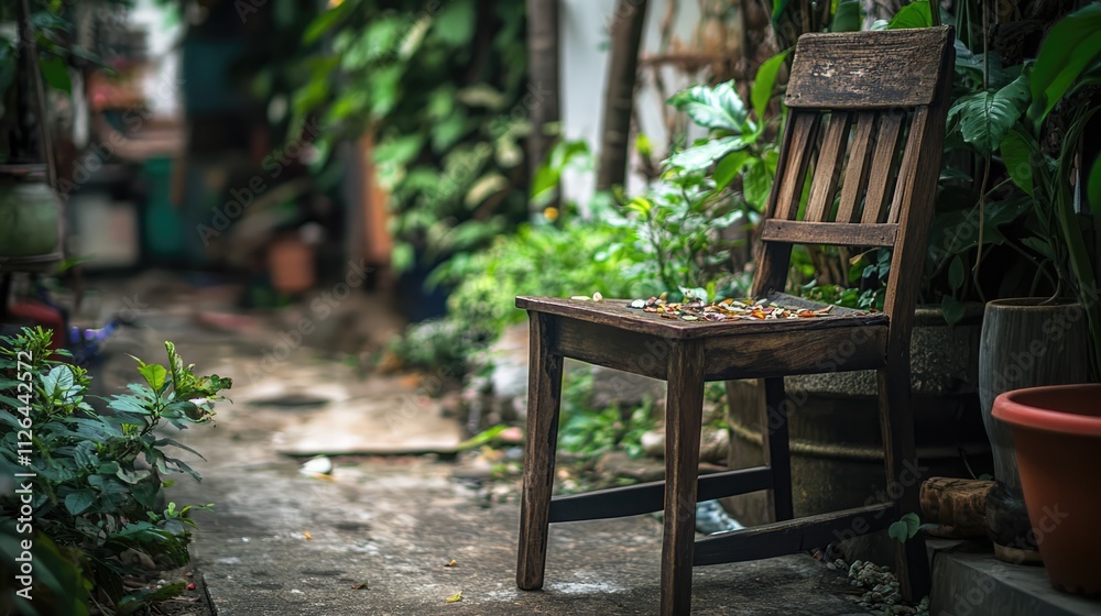 Rustic wooden chair surrounded by lush greenery in a tranquil garden setting Bangkok Thailand