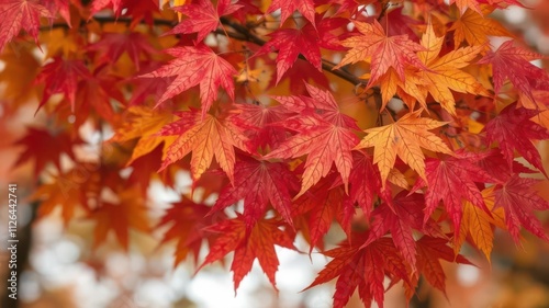 Vibrant autumn maple leaves in red, orange, and yellow hues on a tree branch, branch