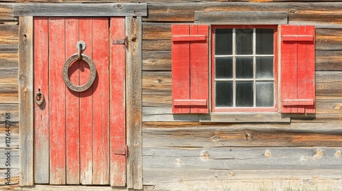 Rustic wooden door with red accents beside a shuttered window on a vintage barn in Montana under bright summer sunlight. photo