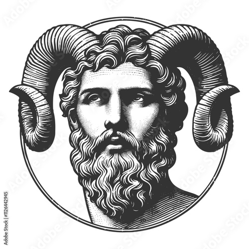 man with flowing hair, a thick beard, and majestic ram horns, embodying mythological symbolism sketch engraving generative ai vector illustration. Scratch board imitation. Black and white image.