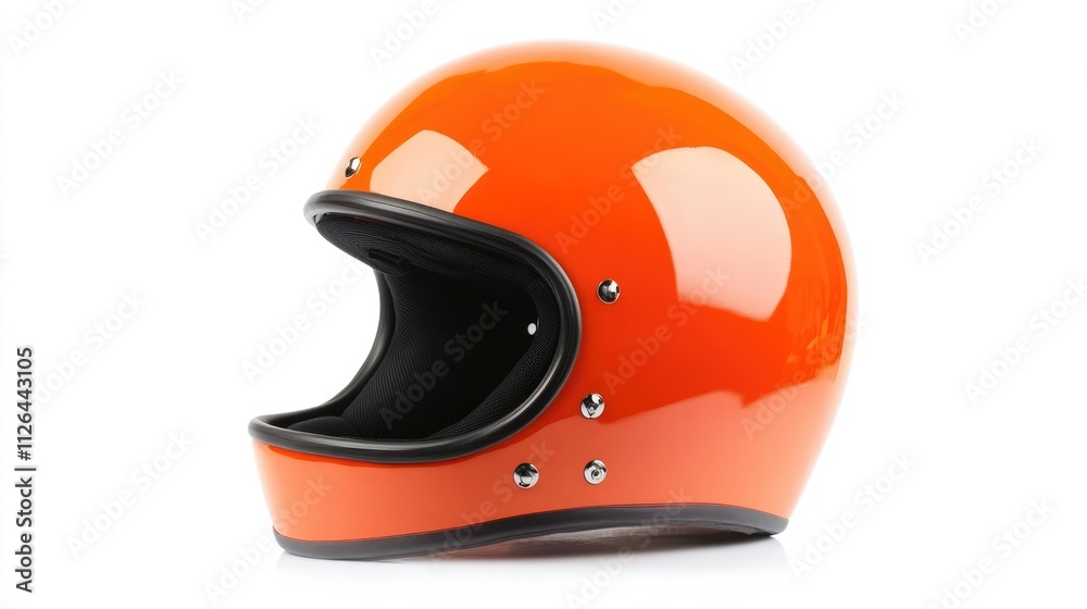 Bright orange motorcycle helmet with a glossy finish, isolated on a clean white background, emphasizing design and color, safety gear, automotive accessory, stylish headgear. Bright orange motorcycle helmet with a glossy finish, isolated on a clean white background, emphasizing design and color, safety gear, automotive accessory, stylish headgear.