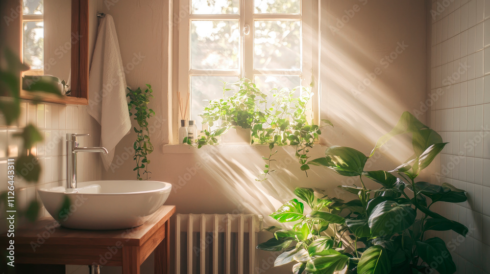 Fototapeta premium Beautiful bathroom interior with flowers. Selective focus.