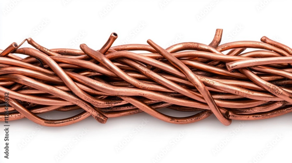 A photostock of small copper wire fragments coiled naturally on a seamless white background, highlighting their texture and metallic sheen. High Quality A photostock of small copper wire fragments coiled naturally on a seamless white background, highlighting their texture and metallic sheen. High Quality