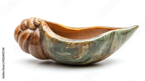 Elegant green and brown whelk mollusc shell beautifully isolated on white background showcasing natural textures and intricate design