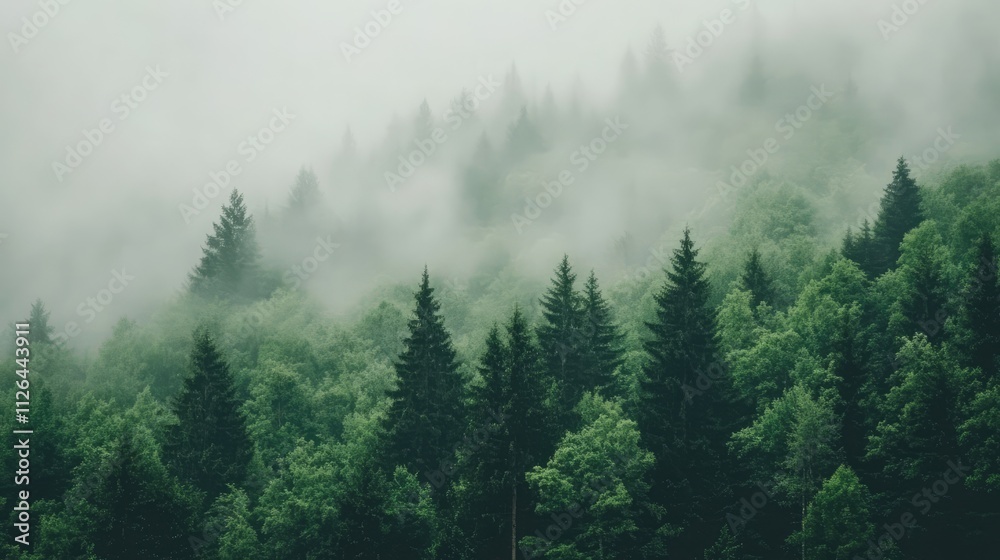 Misty green forest landscape with dense pine trees and soft fog creating a serene outdoor atmosphere ideal for hiking and nature exploration Misty green forest landscape with dense pine trees and soft fog creating a serene outdoor atmosphere ideal for hiking and nature exploration