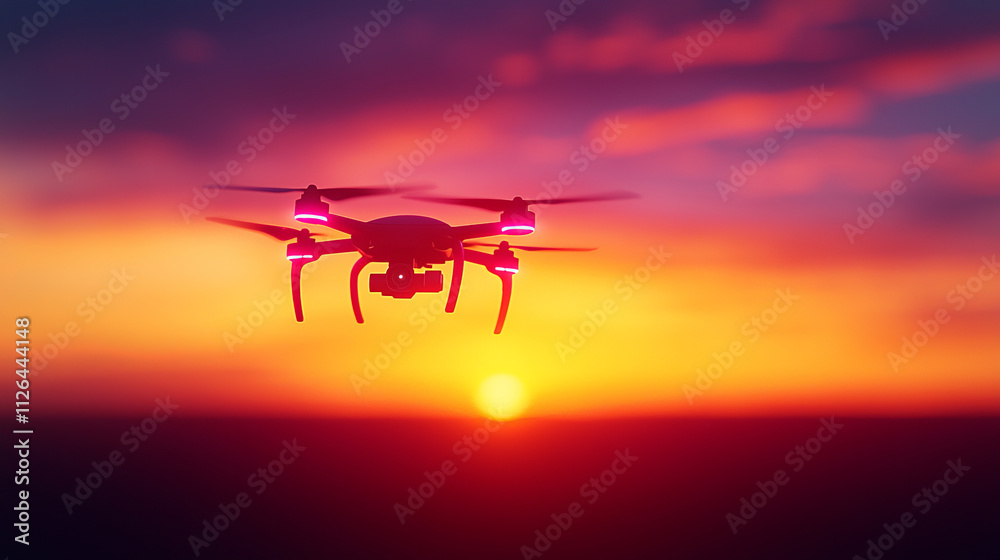 compact drone with minimalist design hovers gracefully against vibrant sunset sky compact drone with minimalist design hovers gracefully against vibrant sunset sky