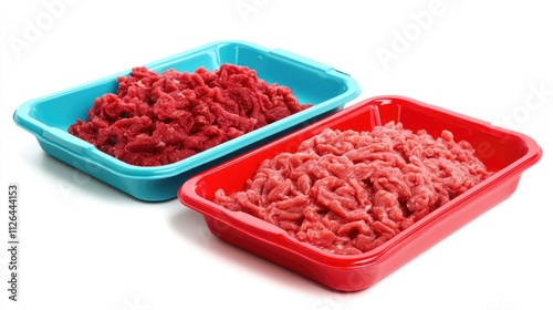 Fresh raw minced beef meat in red and blue trays isolated on a white background ideal for culinary and food industry advertisements photo