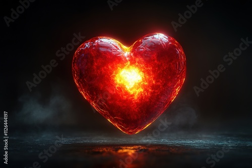 glowing red heart with radiant halo effect floats in center of black background with generous copy space