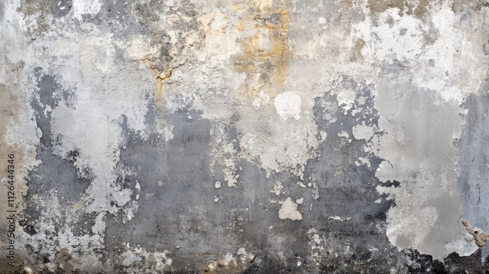 Aged grey concrete wall texture with peeling plaster and weathered surface features for use in backgrounds and design projects Aged grey concrete wall texture with peeling plaster and weathered surface features for use in backgrounds and design projects