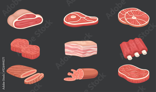 Different kinds of meat. Meat vector set collection. Butchers shop raw food products. Meat illustration bundle. Fresh pork and beef steaks, lamb ribs and sausage vector