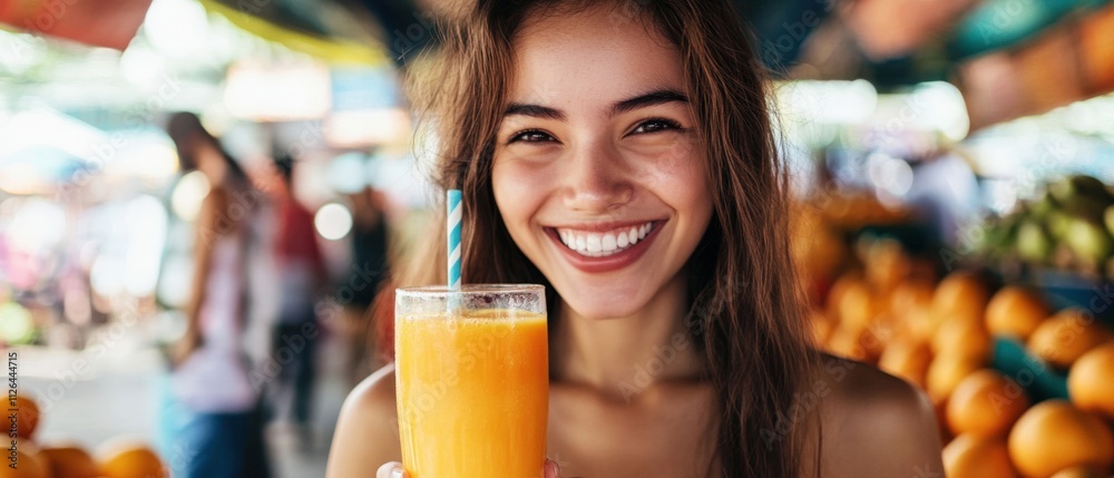 smiling woman holding a glass of fresh orange juice at a market smiling woman holding a glass of fresh orange juice at a market