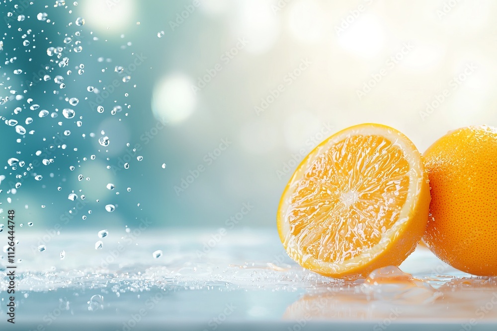Fresh oranges with a sliced piece, surrounded by sparkling water droplets, create a vibrant, refreshing scene.