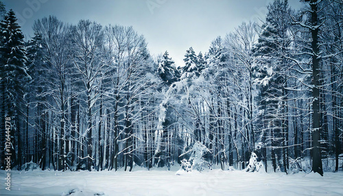 Wintry Woodland Scene with Pristine Snowfall photo