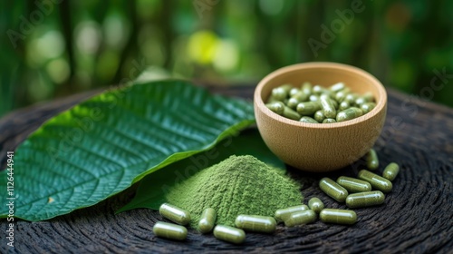 Kratom leaves and capsules on wooden surface with green powder in natural setting promoting health benefits of Mitragyna speciosa. photo