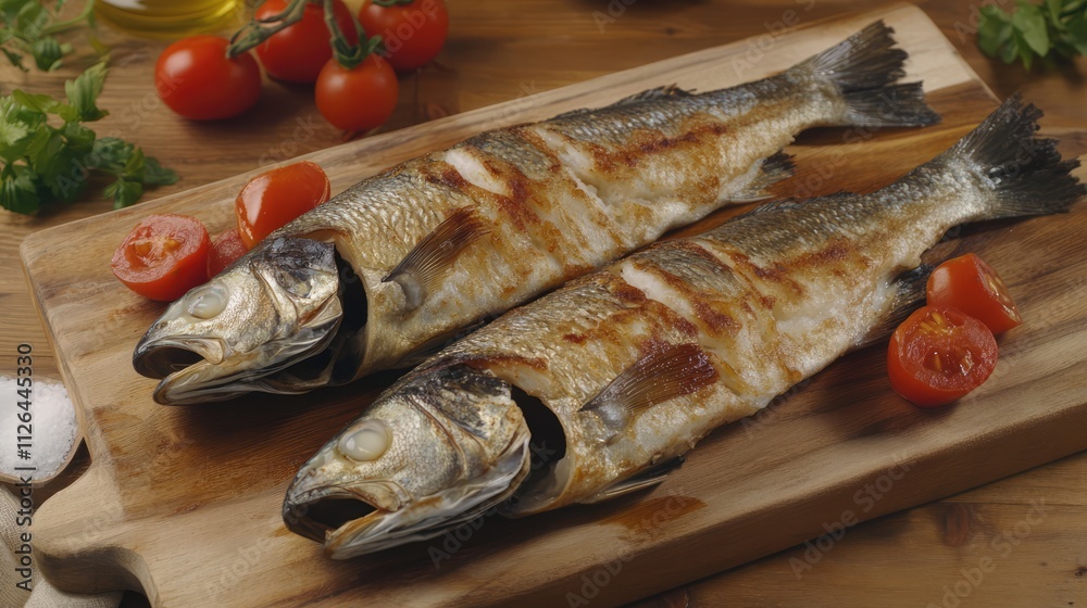 Grilled sea bass fish served with fresh tomatoes on a wooden board in a rustic kitchen setting Grilled sea bass fish served with fresh tomatoes on a wooden board in a rustic kitchen setting