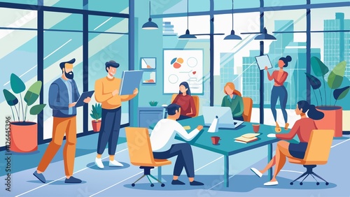 A group of people are in a conference room, working together