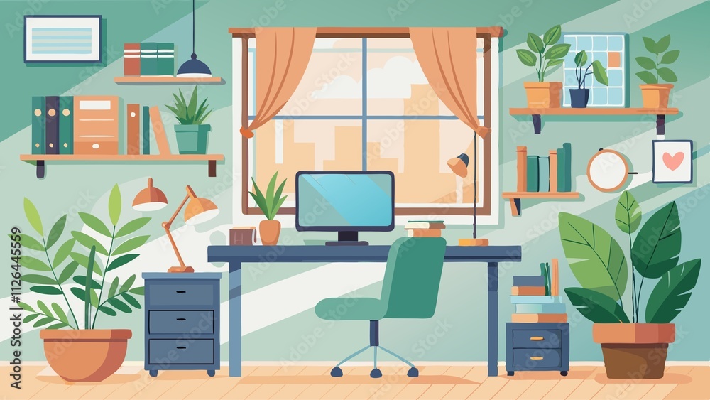 Obraz premium A computer desk with a computer monitor, keyboard, and mouse