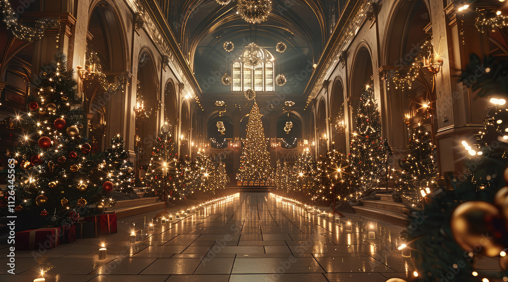 Obraz premium A great hall, xmas decor, bright, vibrant, candlelit, dazzling, sparkling.