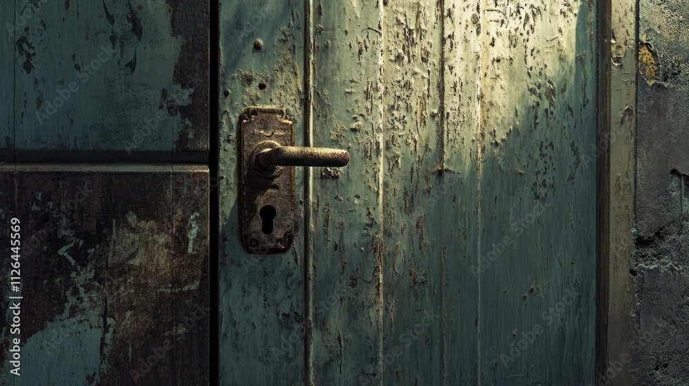 Rustic wooden door with old steel lock illuminated by soft light showcasing weathered paint and textured surface details.