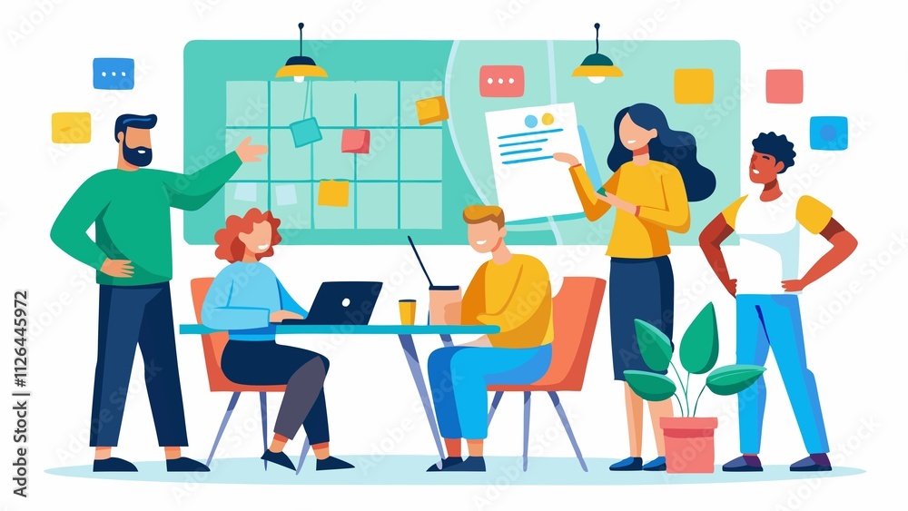 A group of people are gathered around a table with a whiteboard and a laptop A group of people are gathered around a table with a whiteboard and a laptop