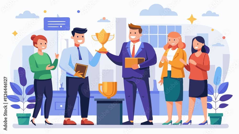 A group of people are standing around a table with a trophy on it A group of people are standing around a table with a trophy on it