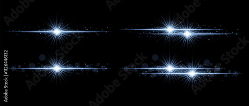 Sparkle effect set. Glowing light bursts, radiant star beams, luminous particles, glittering effects, and bright streaks of light for decoration, emphasis, and design elements.