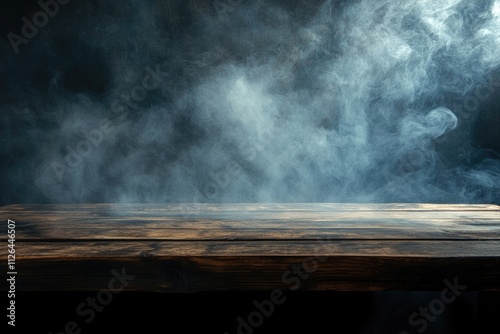 This atmospheric image features a rustic wooden table against a backdrop of swirling smoke, perfect for projects requiring a sense of mystery or the supernatural