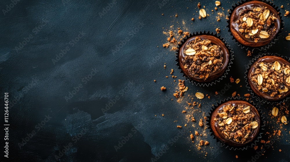 Homemade chocolate cakes with oatmeal crust, topped with crunchy granola and scattered crumbs on a dark textured table, desserts, food styling, baking.