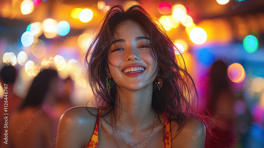 Joyful young woman smiling brightly against a colorful background of circular lights at a vibrant outdoor party or festival during a warm summer evening