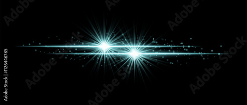 Cyan sparkle effect set. Radiant cyan beams, dual glowing light bursts, shimmering particles, and elegant streaks of light for futuristic, creative, and decorative designs.