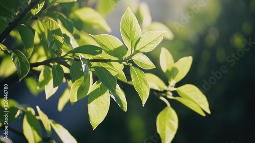 Lush green leaves basking in sunlight on vibrant branches creating a serene and refreshing natural atmosphere in springtime.