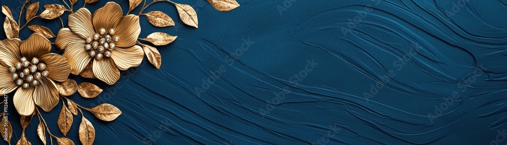 A decorative background featuring elegant golden flowers against a rich blue textured surface.