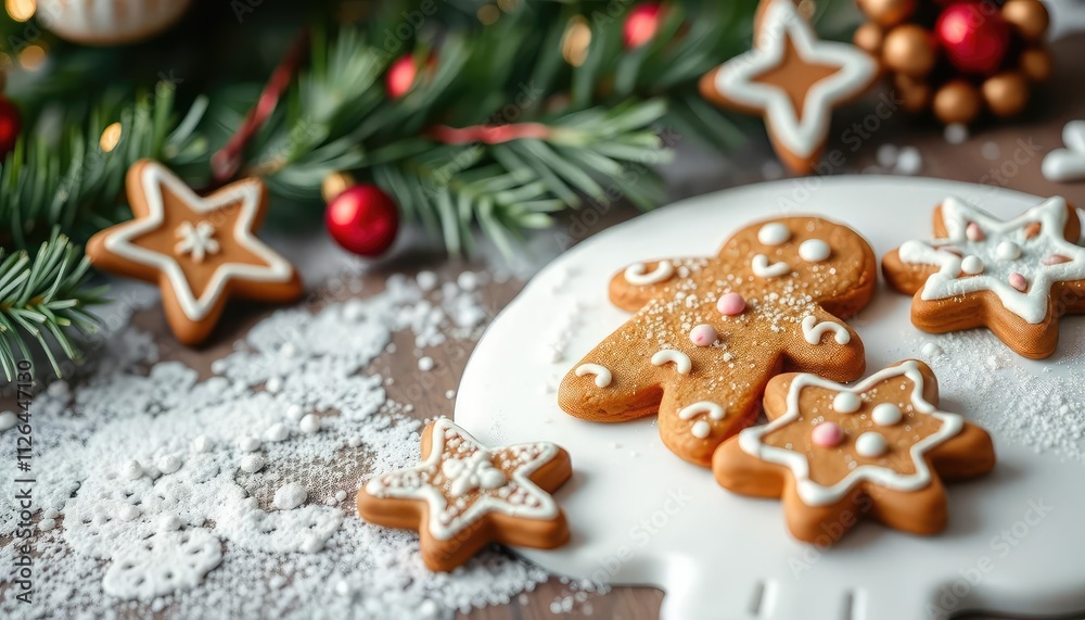 A festive arrangement of gingerbread cookies on a decorative plate with holiday decorations. A festive arrangement of gingerbread cookies on a decorative plate with holiday decorations.