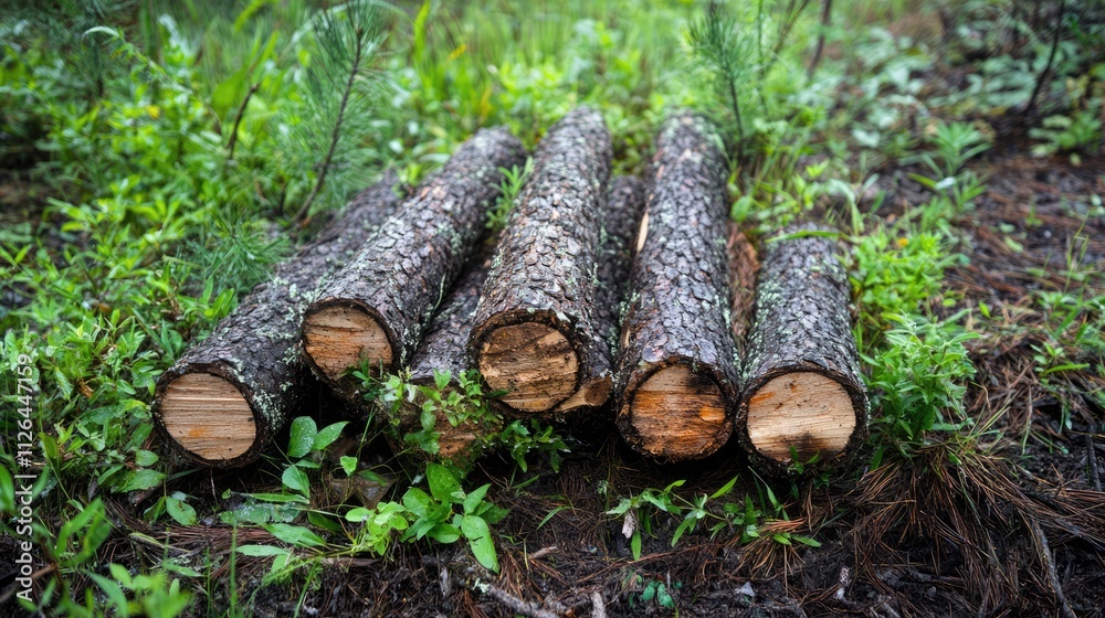 Freshly cut pine logs on forest floor highlighting deforestation impact and ecological consequences in evergreen ecosystems. Freshly cut pine logs on forest floor highlighting deforestation impact and ecological consequences in evergreen ecosystems.