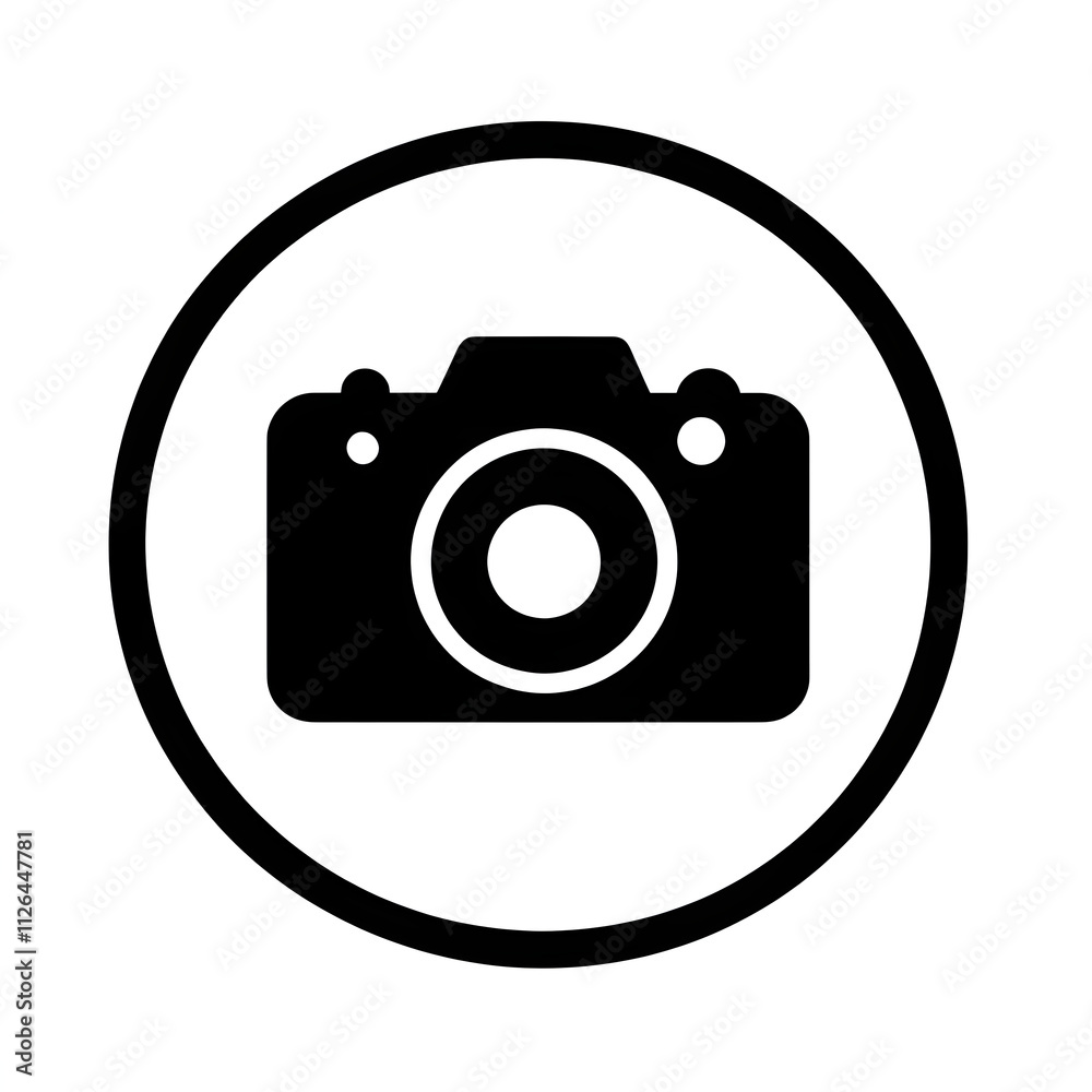 Black camera icon in a circular frame, minimalist photography logo design, perfect for creative branding, digital media, and modern professional visual representation Black camera icon in a circular frame, minimalist photography logo design, perfect for creative branding, digital media, and modern professional visual representation