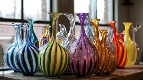 Colorful handmade glass vases on display showcasing artistic craftsmanship and vibrant designs in a bright studio setting photo