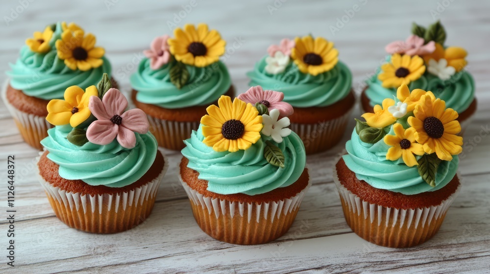 Homemade sponge cupcakes adorned with vibrant buttercream flowers on a rustic white wooden background