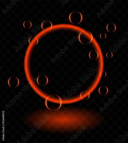 Orange neon magic ring effect. Glowing circular frame vibrant neon light, floating translucent orbs, soap bubbles, wallpaper, futuristic, tech-inspired, or decorative designs.