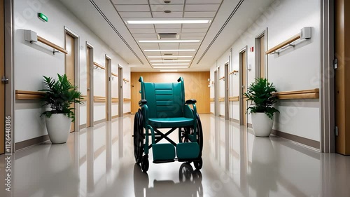 Hospital Corridor with a Wheelchair, Bright Lighting, Plants, and Clean Modern Interior Design

 photo