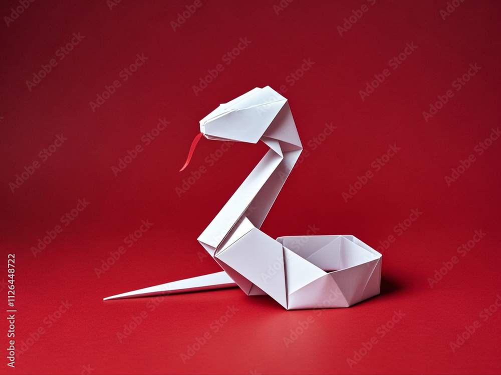 white simple folded paper snake shaped figurine on a red background. The symbol of 2025. Happy Chinese New Year..