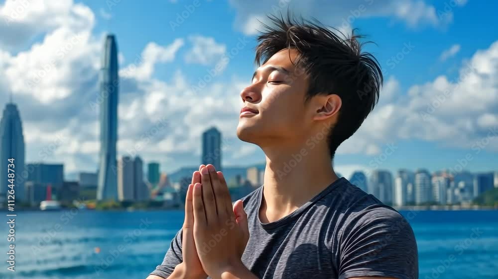 A man is praying on the beach with the ocean in the background A man is praying on the beach with the ocean in the background