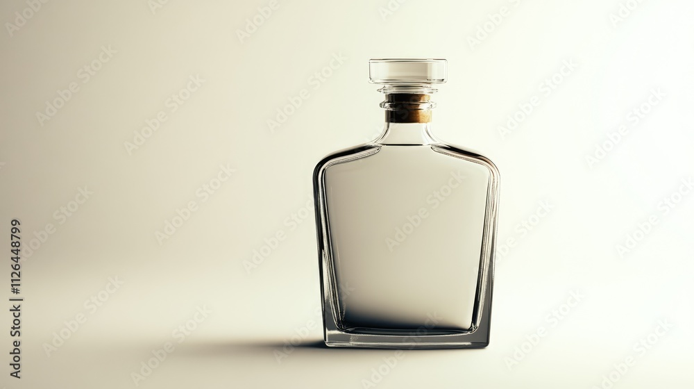 Elegant glass flask with a wooden cork on a soft neutral background showcasing clarity and design. Perfect for branding or product presentations. Elegant glass flask with a wooden cork on a soft neutral background showcasing clarity and design. Perfect for branding or product presentations.