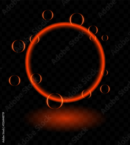 Orange neon magic ring effect. Glowing circular frame vibrant neon light, floating translucent orbs, soap bubbles, wallpaper, futuristic, tech-inspired, or decorative designs.