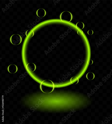 Green neon magic ring effect. Glowing circular frame vibrant neon light, floating translucent orbs, soap bubbles, wallpaper, futuristic, tech-inspired, or decorative designs.