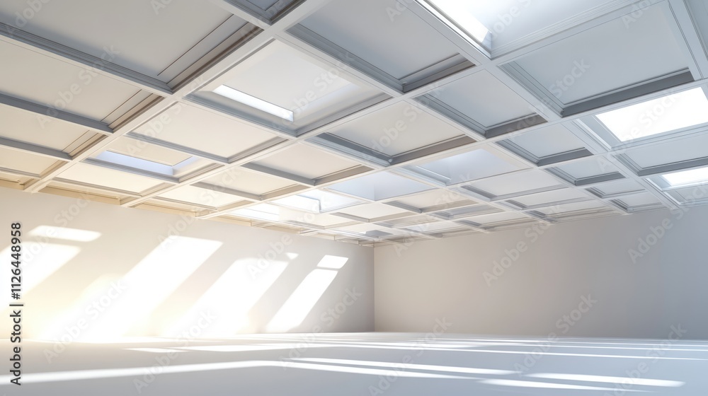 Modern gypsum board ceiling installation featuring skylights in spacious construction site with natural light streaming through. Modern gypsum board ceiling installation featuring skylights in spacious construction site with natural light streaming through.