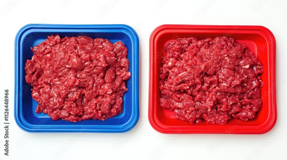 Raw minced beef meat in blue and red trays isolated on a white background showcasing different colors for culinary presentations and marketing. Raw minced beef meat in blue and red trays isolated on a white background showcasing different colors for culinary presentations and marketing.